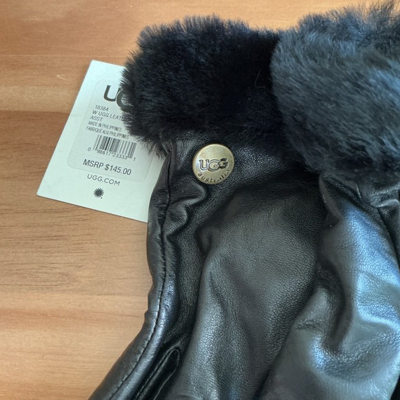 UGG Cashmere Women's Black Leather Shearling Trim Dandylion Gloves Small - Picture 2 of 6